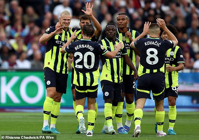 It was a thrilling match, with Manchester City securing the win, ending 3-1 after Erling Haaland (far left) was 24 and scored a hat-trick