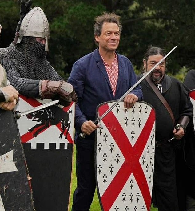 Dominic West is seen wielding a shield and sword, ready to take on some 'terrifying Vikings' at Glin Castle in County Limerick