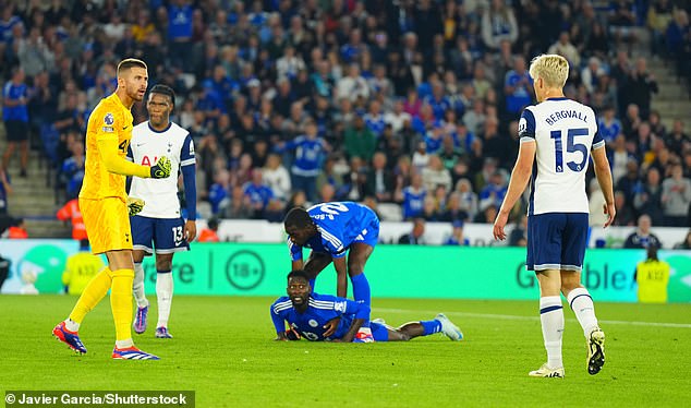 Vicario hits out at Spurs debutant Lucas Bergvall (right) during their 1-1 draw at Leicester City