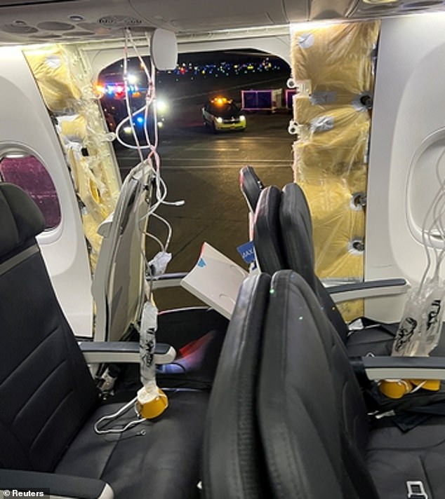 This Alaska Airlines flight, a Boeing 737 Max, departed on January 5 and one of the door plugs, pictured, blew out mid-flight