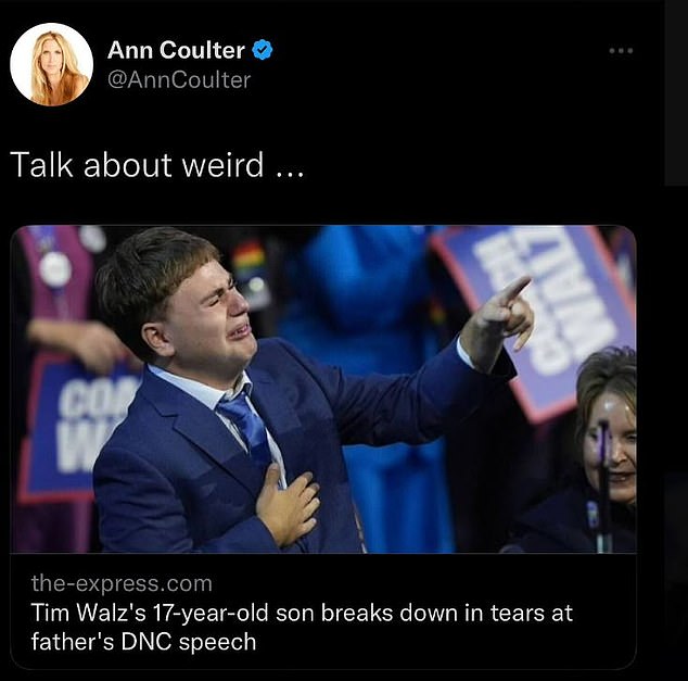 Ann Coulter's now-deleted X-post about Tim Walz's son Gus