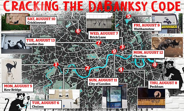 A map of where Banksy murals have been spotted in London in recent days