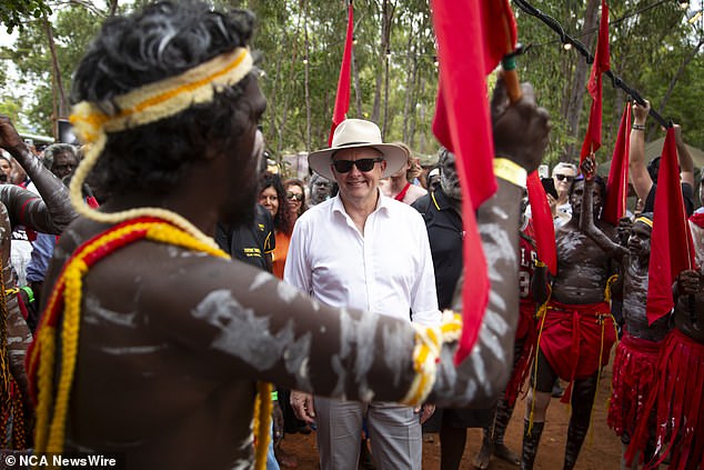 Mr Albanese arrived at the Garma Festival ceremonial site in north-eastern Arnhem Land on Friday and was escorted through the grounds by members of the Dhalwangu Clan (pictured).