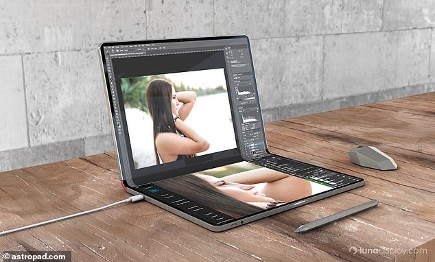 The foldable MacBook is expected to have a touchscreen on both the top and bottom halves of the display. Pictured: Rendering of what the foldable MacBook could look like