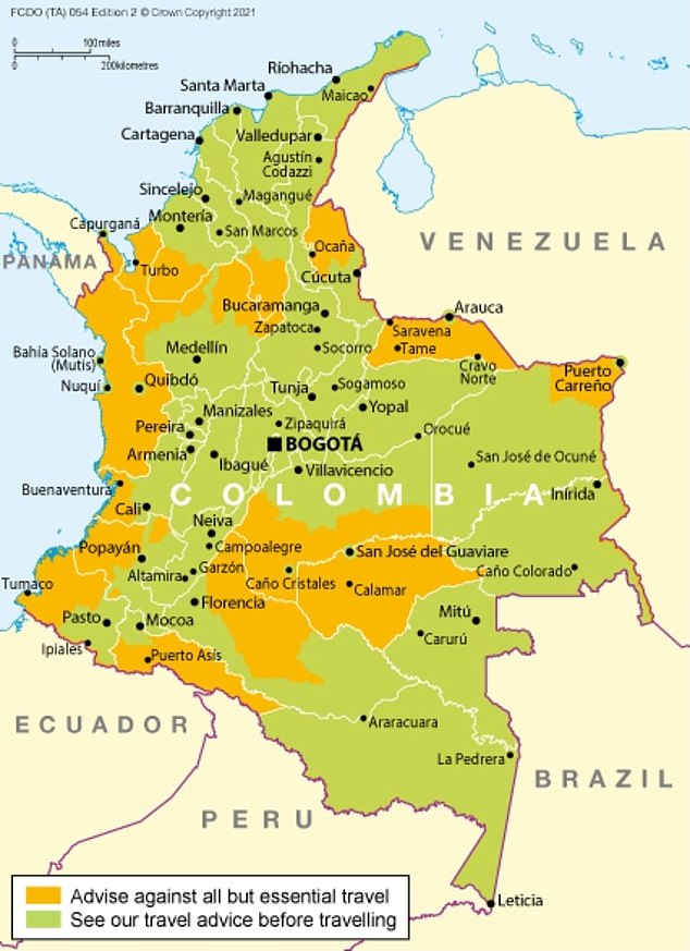 The UK Foreign and Commonwealth Office says it advises against 'all but essential travel' to parts of Colombia. The affected areas are the orange shaded areas on the map above.