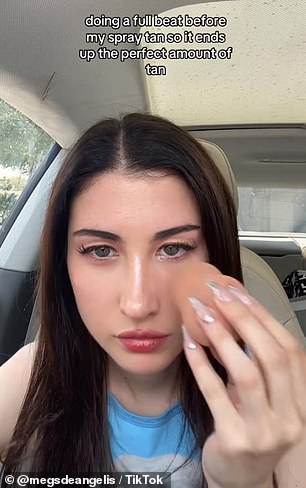 YouTube content creator Meg DeAngelis, 29, shared a now-viral TikTok video showing herself in a car putting on her entire face of makeup for a tanning appointment