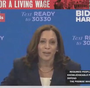 Kamala Harris at a 2020 campaign event with Bernie Sanders