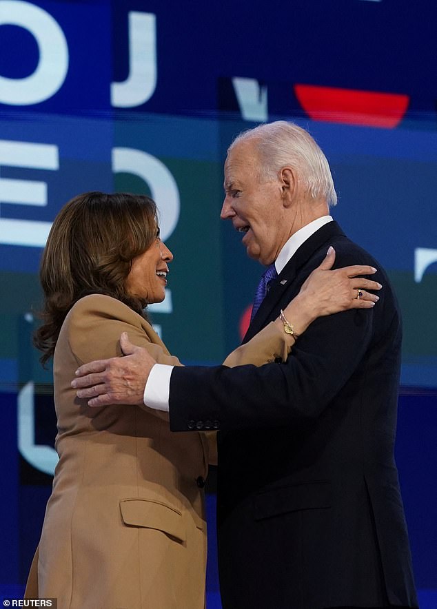 President Joe Biden (right) embraced Vice President Kamala Harris (left) onstage at the Democratic National Convention after wrapping up his speech