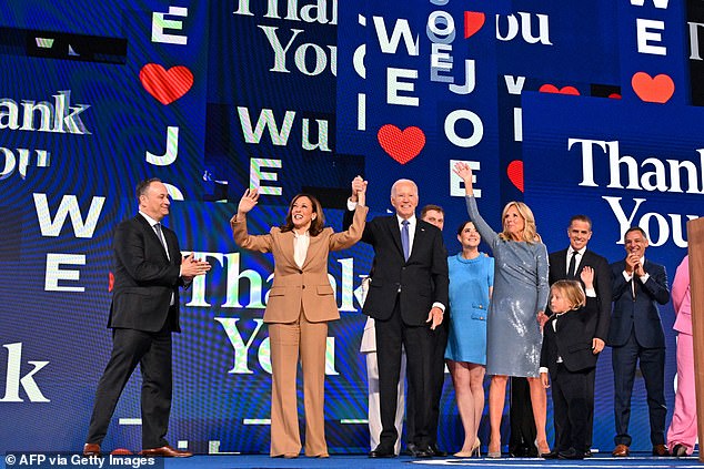 President Joe Biden and first lady Jill Biden were joined at the end of the president's DNC speech by Vice President Kamala Harris, the Democratic nominee, and Doug Emhoff, along with Hunter Biden and other Biden family members