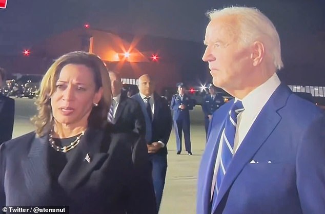 President Joe Biden was seen staring blankly into space as Vice President Kamala Harris spoke to a reporter Thursday night during a historic prisoner swap with Russia