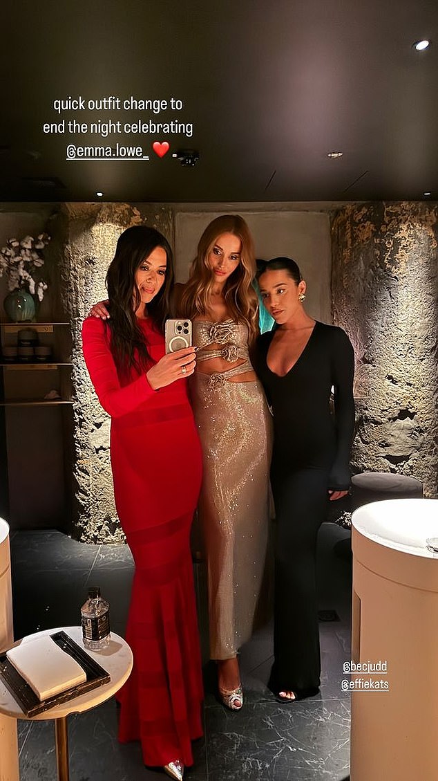 (L-R) Melissa Greene, Bec Judd and Effie Kats pose for a mirror selfie at friend Emma Lowe's 40th birthday party