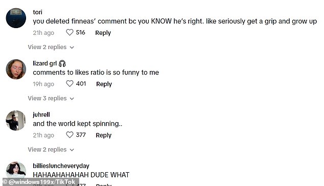 Finneas' comment was deleted by the user, prompting one to write: 'you deleted Finneas' comment because you KNOW he is right. Take yourself seriously and grow up'