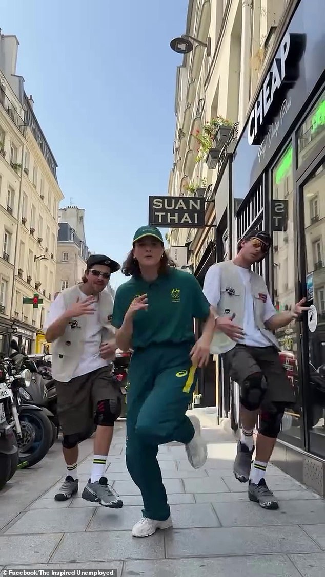 Australian breakdancer Raygun has become a sensation after her performance in Paris at the 2024 Olympics went viral on Friday. On Saturday, she was dubbed 'the queen of Australia' in a new viral video shared by comedians The Inspired Unemployed (pictured)