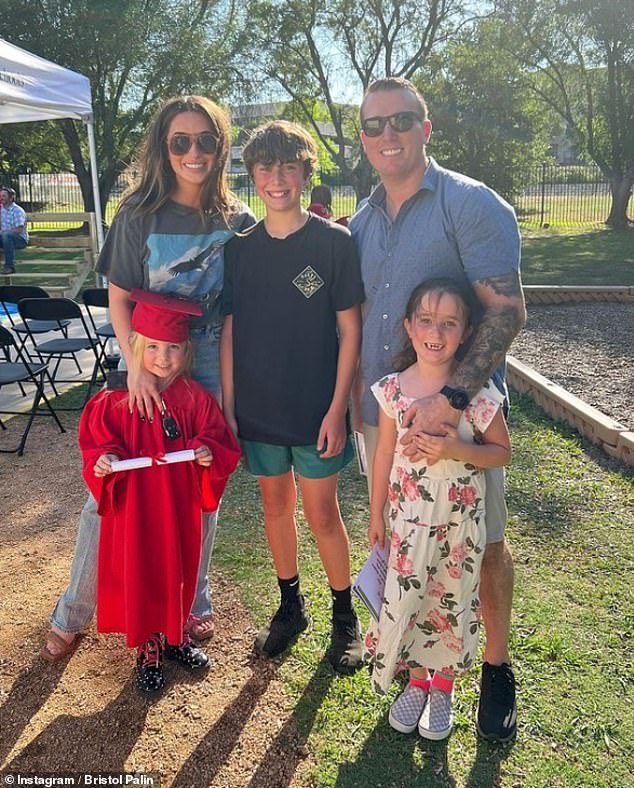 Bristol Palin, 33, expressed her sadness over her son Tripp Johnston's move from Texas to Alaska via Instagram Stories on Wednesday. Pictured in May 2022 with her son Tripp, 15, daughters Sailor Grace, eight, and Atlee Bay, seven, and ex-husband Dakota Meyer, 36