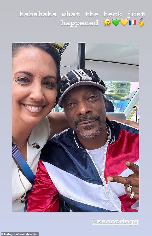 Channel Nine's Brooke Boney has taken to social media to comment on Australian Olympian Rachel Gunn's bizarre breakdance in Paris on Friday. Pictured: Boney watched the Breaking Event with US rapper Snoop Dogg