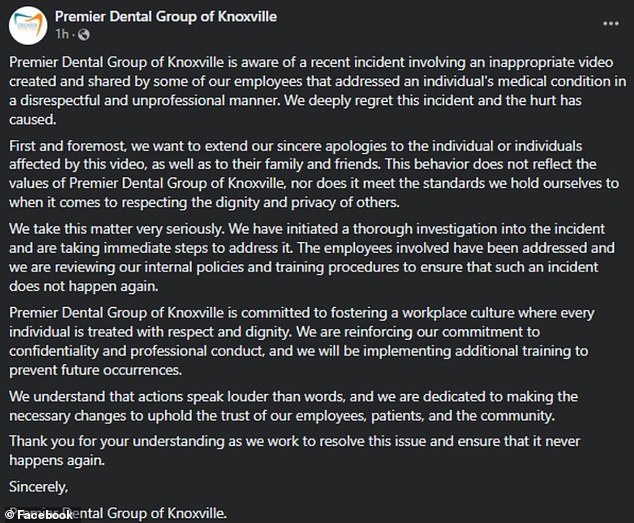 Premier Dental Group of Knoxville responded by issuing an apology on Facebook. The practice's account has since been deleted.