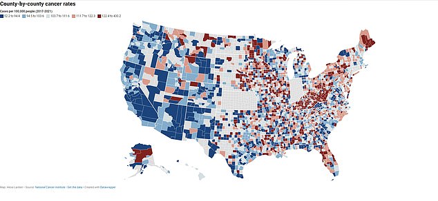 The following map shows the number of cancer cases in people under 50 in more than 2,500 U.S. counties