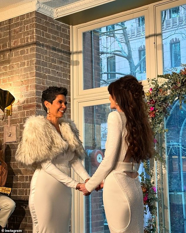 Narelda Jacobs is a married woman. The Channel 10 presenter walked down the aisle with bride Karina Natt in a festive ceremony at an indoor venue in Sydney on Saturday. Pictured