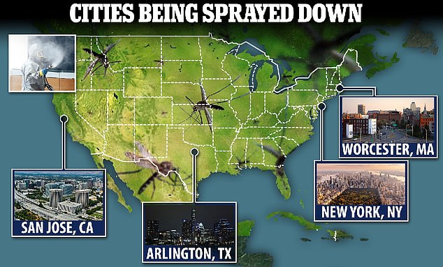 Public health officials will spray pesticides near these four cities to help curb the spread of deadly mosquito-borne diseases.