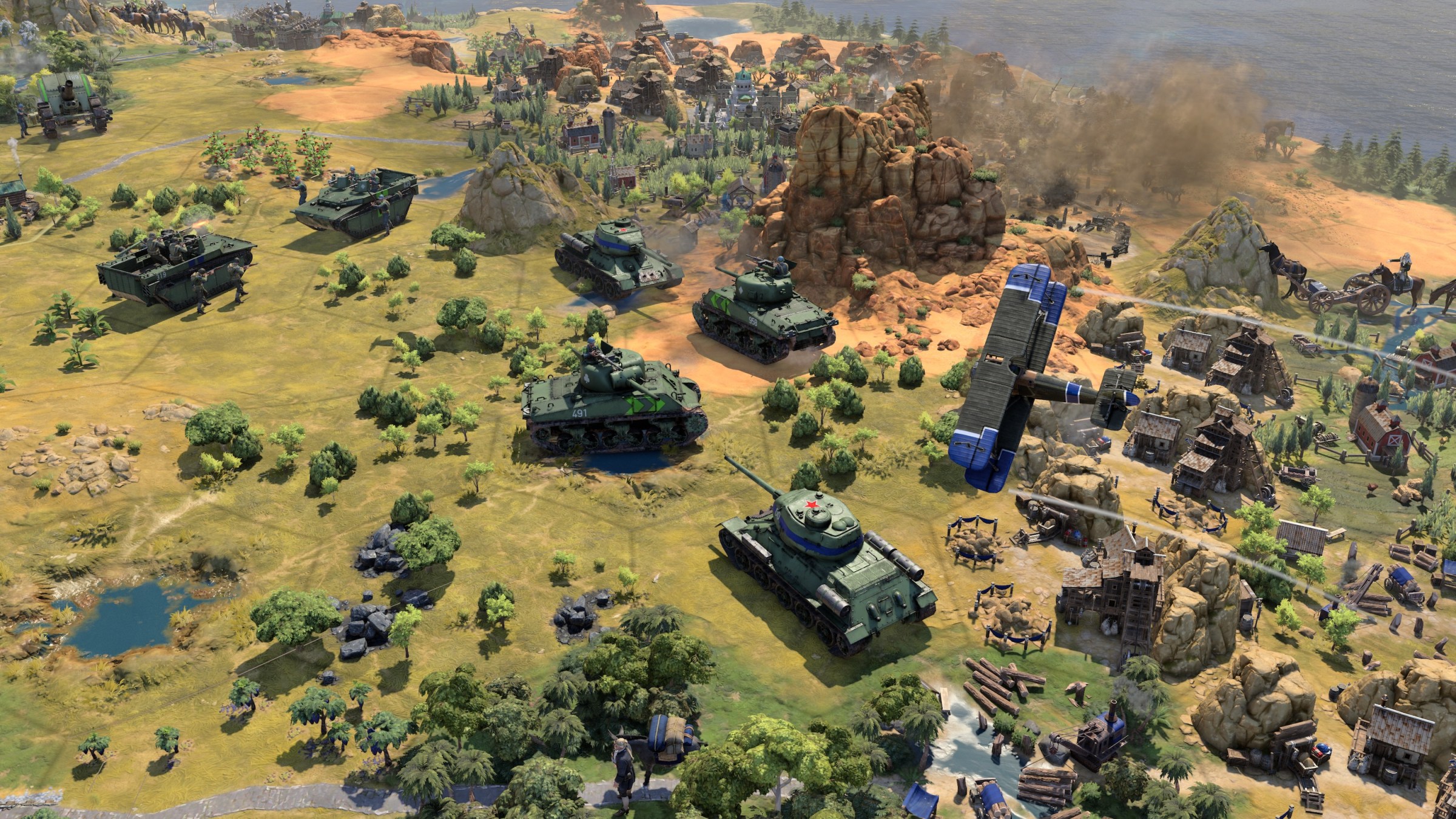 A screenshot shows tanks and planes fighting from a top-down view in Civilization 7