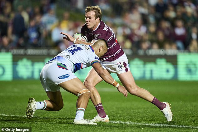 In contrast, the surface at Brookvale Oval on Sydney's Northern Beaches held up well despite the rain during the match between the Sea Eagles and the Warriors (pictured Manly lock Jake Trbojevic)