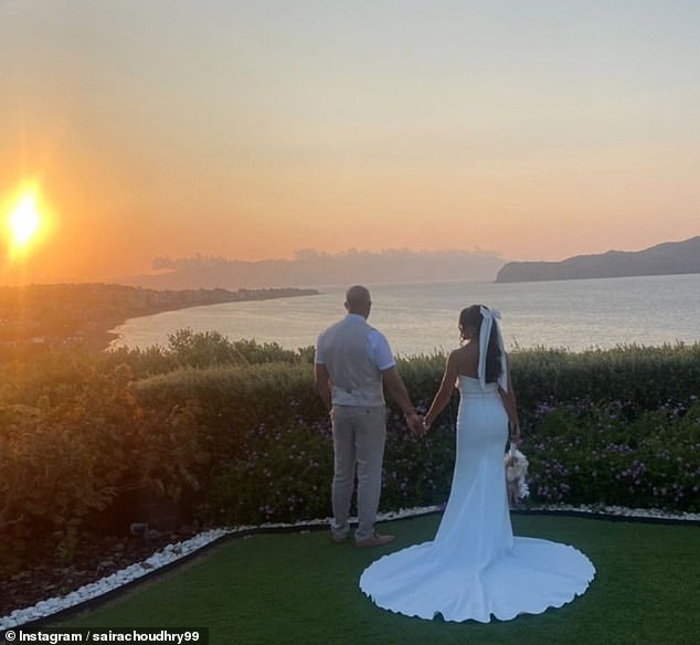 Saira wore a strapless white dress with a long train and a white bow in her hair, while her new husband opted for a cream-colored suit