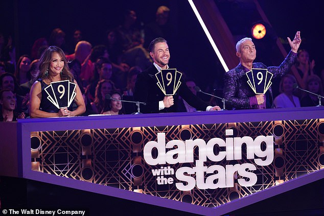 Carrie Ann Inaba, Bruno Tonioli and Derek Hough are returning as judges for the upcoming 33rd season of Dancing With The Stars; Carrie Ann, Derek and Bruno are pictured on the show