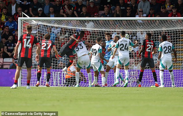 Dango Ouattara (third from left) thought he had scored for Bournemouth against Newcastle