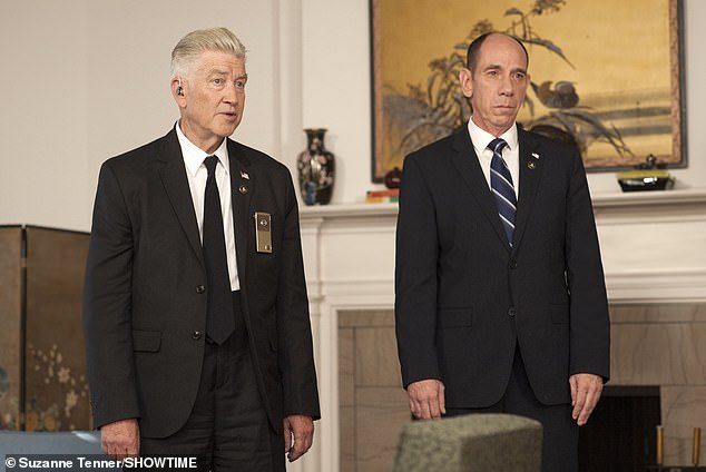 His most recent major project before his health problems was the revival of his series Twin Peaks for Showtime in 2017; he is pictured with Miguel Ferrer