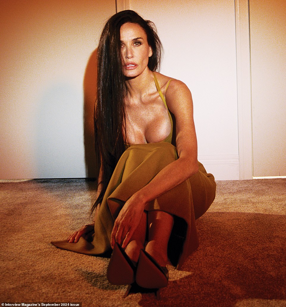 Demi Moore posed very sexy for the September issue of Interview magazine. The 61-year-old Hollywood icon showed off her cleavage for the daring photographer, Canadian artist Petra Collins