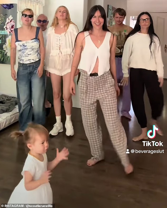 Demi Moore (left) stars in a new, viral dance video with her daughters (from left) Rumer, Tallulah and Scout, and her one-year-old granddaughter Louetta.