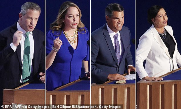 A series of former GOP lawmakers, Trump officials and state Republicans spoke at the Democratic National Convention as Democrats tried to form a coalition with anti-Trump Republicans to defeat the ex-president. From left: former Rep. Adam Kinzinger, former Trump official Olivia Troye, former GA Lt. Gov. Geoff Duncan and former White House press secretary Stephanie Grisham