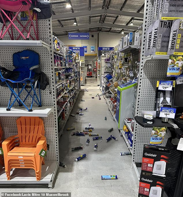 Lavis Mitre 10 in Muswellbrook posted a photo of items strewn across the aisles after the earthquake