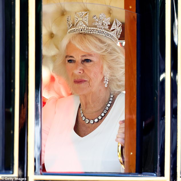 Queen Camilla wore the Diamond Diadem for the State Opening of Parliament last month. The occasion was her 77th birthday. She also wore Queen Alexandra's Collet Necklace. Above: Camilla in the Diamond Jubilee State Coach as it travels down The Mall to Parliament, 17 July 2024