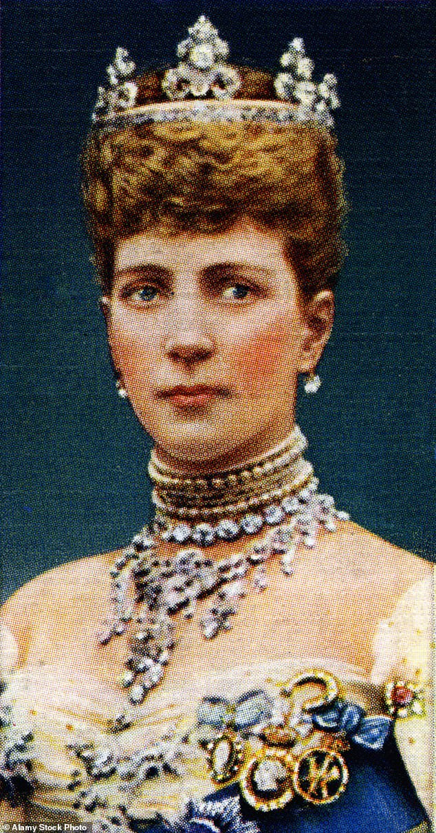 Her collet necklace could be worn as a choker and was given to the Danish princess by the City of London Corporation on her marriage to Bertie, the future Edward VII, in 1863.