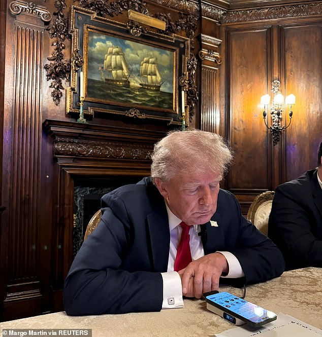 Republican presidential candidate and former U.S. President Donald Trump speaks during an interview with billionaire entrepreneur Elon Musk on the social media platform X, at Mar-a-Lago in Palm Beach, Florida, U.S., August 12, 2024