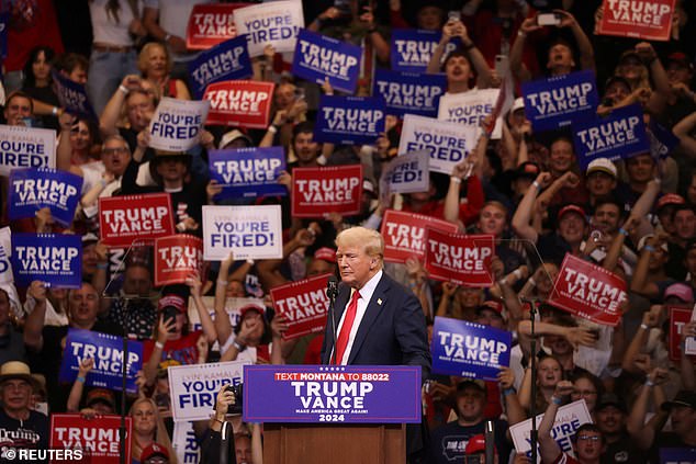 Republican presidential candidate and former U.S. President Donald Trump attends a campaign rally in Bozeman, Montana. During his speech, he attacked Kamala Harris' running mate, Minnesota Governor Tim Walz