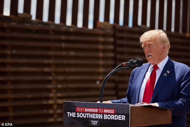 Former President and Republican presidential candidate Donald J. Trump speaks during his visit to the U.S. southern border in Cochise County, Arizona, U.S., August 22, 2024. His remarks included new policies that would implement the death penalty for illegal immigrant criminals