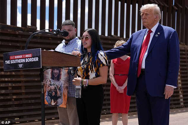 Former President Donald Trump consoles Alexis Nungaray and James Guevara, mother and uncle of Jocelyn Nungaray, a 12-year-old girl who was killed by illegal immigrants in June at an event on the southern border with Mexico