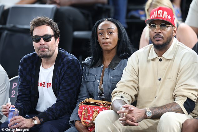 Jimmy Fallon, Sha'Carri Richardson and Carmelo Anthony sat together on Saturday