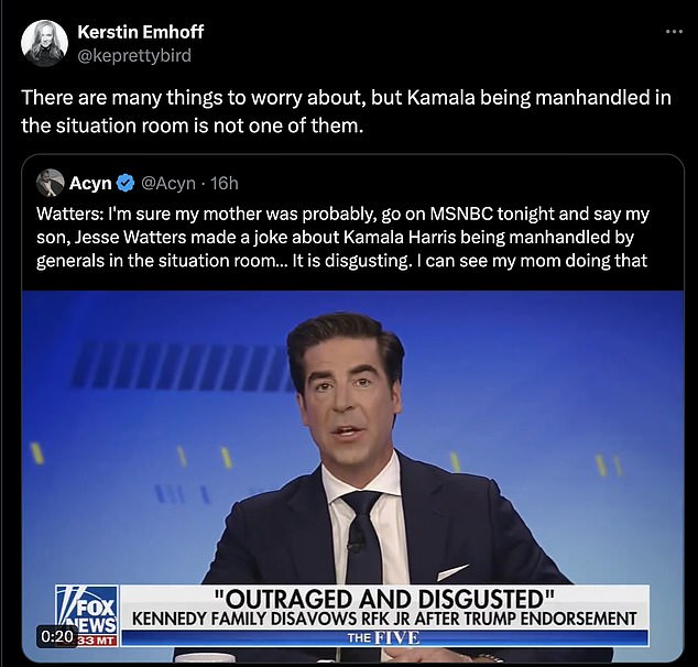 Doug Emhoff's ex-wife responds after Fox News host Jesse Watters made controversial comment that generals will 'have their way' with the vice president if she's elected