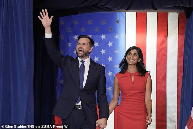 Republican vice presidential candidate J.D. Vance and his wife, Usha Chilukuri Vance, during a campaign rally at the Herb Brooks National Hockey Center on July 27, 2024