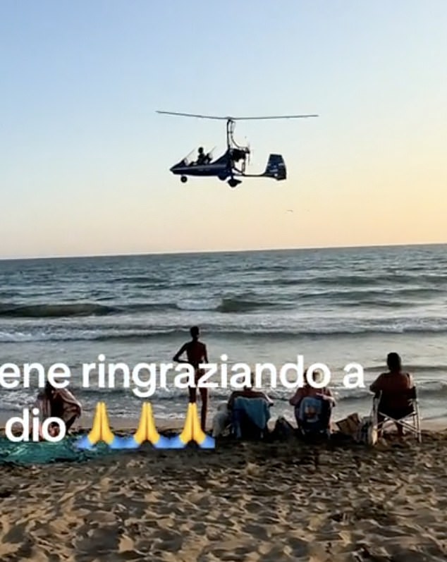 Video of the terrifying ordeal showed the gyrocopter coming closer to the water, close to a beach packed with people