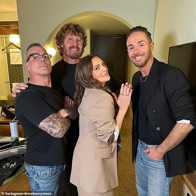 Drew Barrymore has revealed the Australian beauty team she has assembled after wowing fans with her glamorous appearance in Sydney and Brisbane over the weekend. Pictured with celebrity make-up artist Max May, stylist Donny Galella and hairdresser Richard Kavanagh