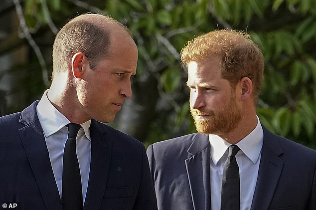 Prince William and Prince Harry walk side by side after viewing floral tributes for the late Queen Elizabeth II outside Windsor Castle