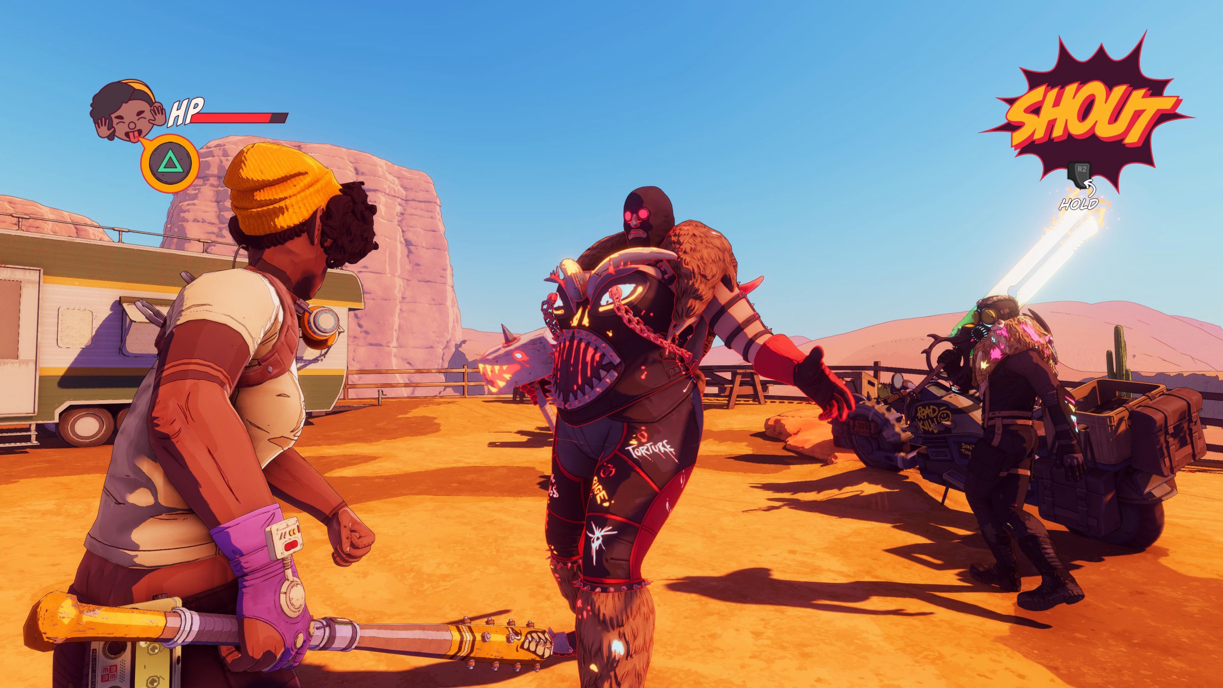 A character in the foreground prepares for a fight, holding a studded club. In the center of the image, a huge muscular person, wearing spikes and a mask, also prepares for a fight. On the right side of the image, another character in a gas mask looks on