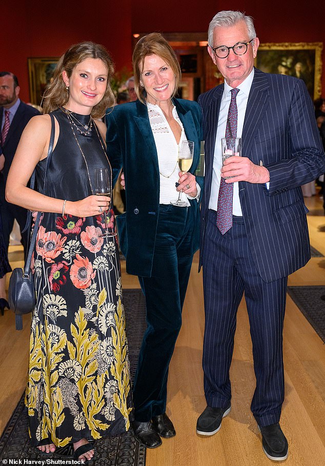 His bride-to-be is Honour Wainwright, 28, whose father, Michael, is a director of Boodles, the jewellery business founded in Liverpool in the 19th century. Pictured: Honour Wainwright (left), Annie Wainwright (centre) and Michael Wainwright (right) in May