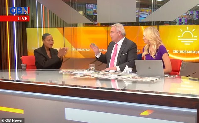 Eamonn Holmes shouted angrily at a guest as he moderated a debate on the Union Jack flag on GB News on Tuesday (anti-racism campaigner Imarn Ayton, left, and Ellie Costello, right)