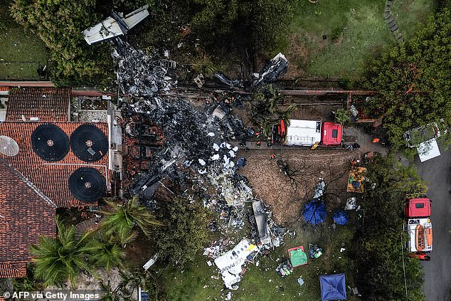 This photo shows an aerial view of the wreckage of a plane that crashed with 61 people on board on August 10, 2024 in Vinhedo, Sao Paulo state, Brazil.