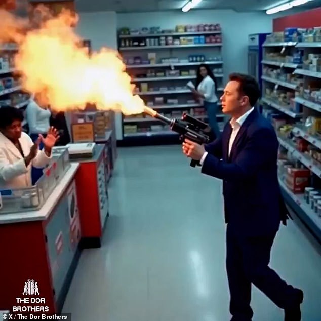 Elon Musk is pictured threatening staff with a flamethrower in a supermarket in a deepfake video using his own Grok AI system